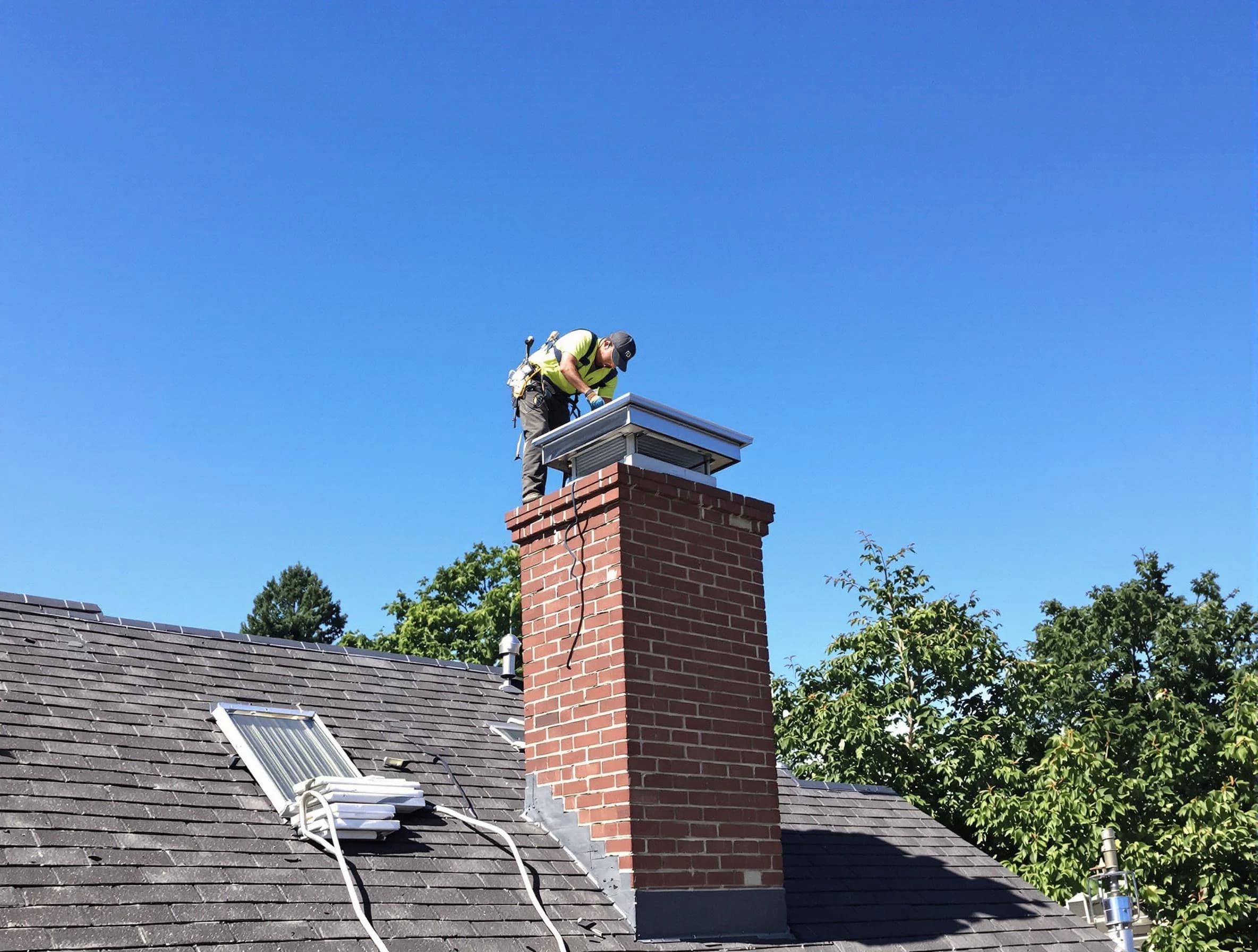 Watertown Town Chimney Sweep technician measuring a chimney cap in Watertown Town, MA