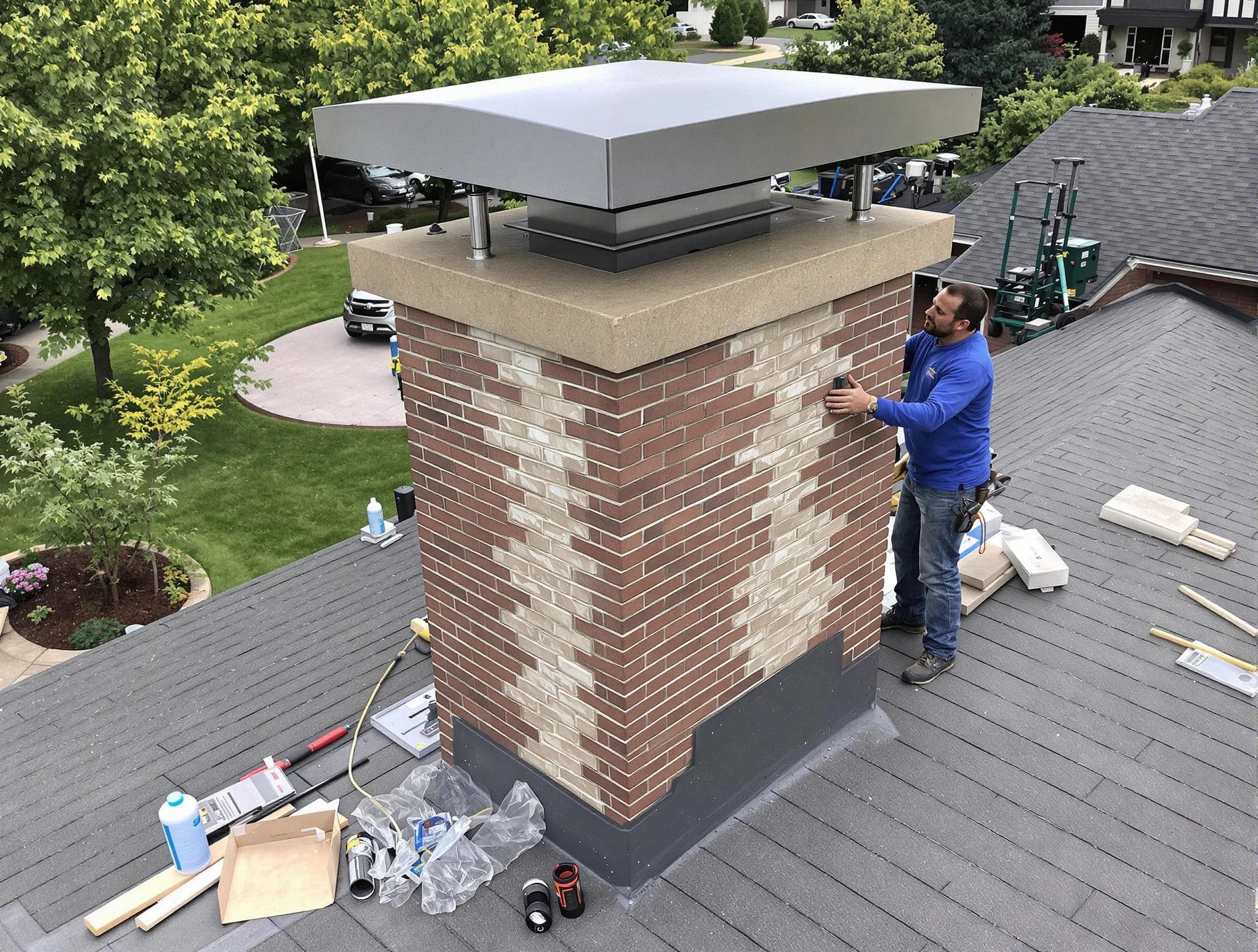 Watertown Town Chimney Sweep team working on a custom chimney remodel in Watertown Town, MA