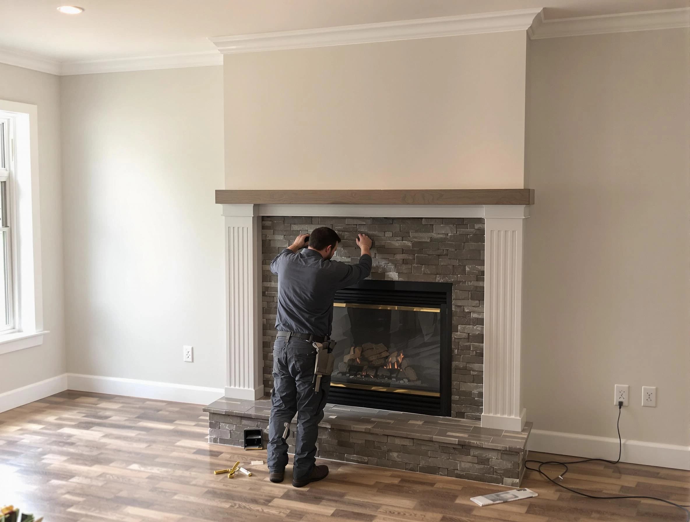 Watertown Town Chimney Sweep finishing a custom fireplace install in Watertown Town, MA